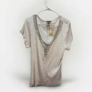 One World Clothing Cream Embellished V-Neck Short Sleeve Top Women’s L